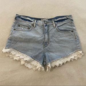 Free People Crocheted Hem Distressed Jean Shorts